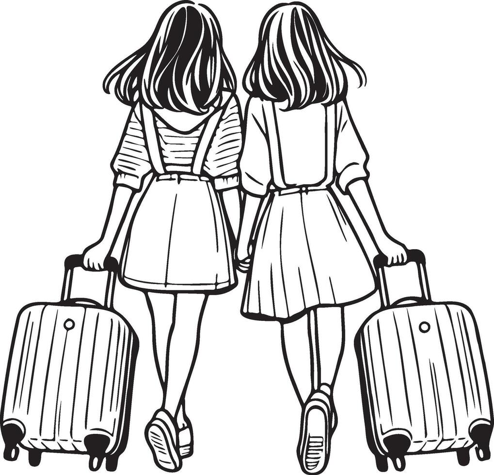 Due ragazze in viaggio con bagaglio. vettore