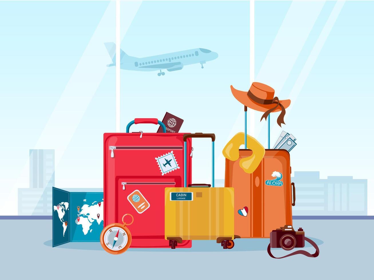 turista viaggio valigie. bagaglio e borse con carta geografica, telecamera e estate cappello nel aeroporto. turismo agenzia, avventura e vacanza vettore concetto