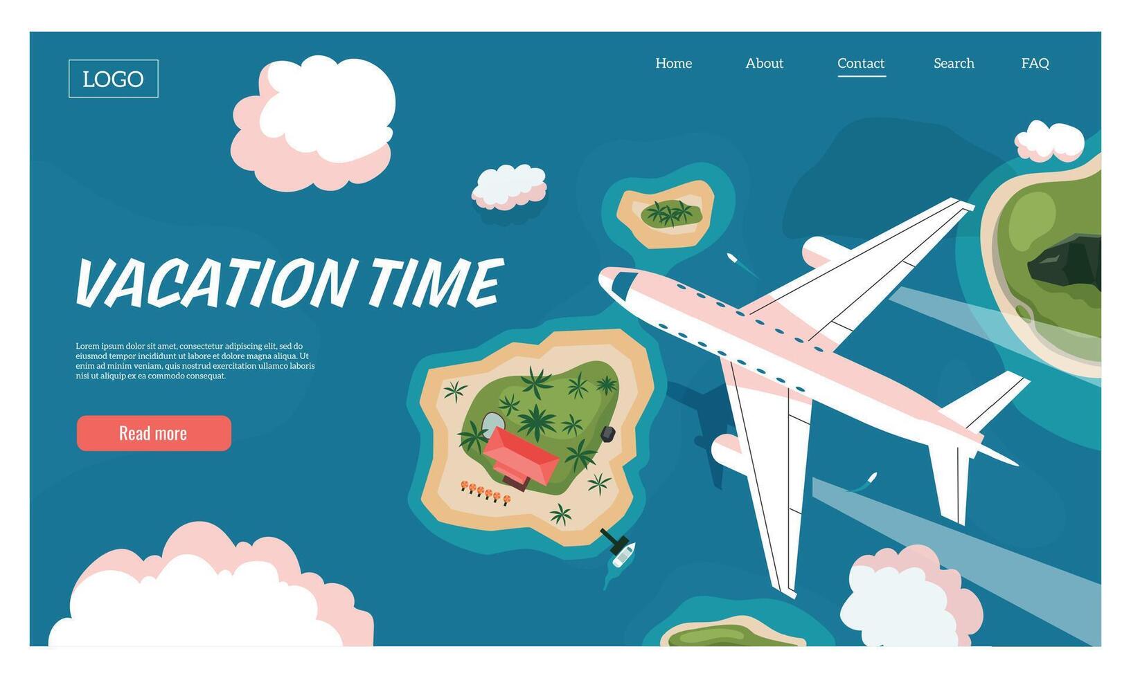 aereo Visualizza viaggio approdo. cartone animato aereo e aereo volante sopra mare, oceano e spiaggia, turista volo vettore concetto