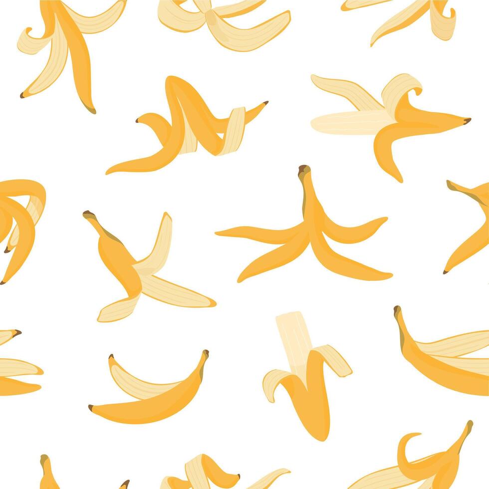 Banana sbucciare modello. senza soluzione di continuità Stampa di cartone animato Banana pelle biologico sciupare, colorato giallo frutta spazzatura. vettore struttura