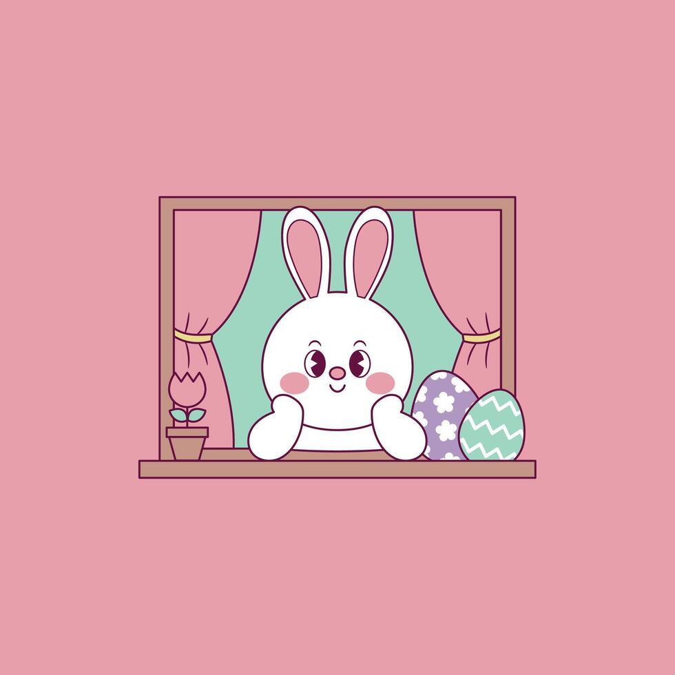 carino illustrazione di Pasqua coniglietto guardare nel un' finestra vettore