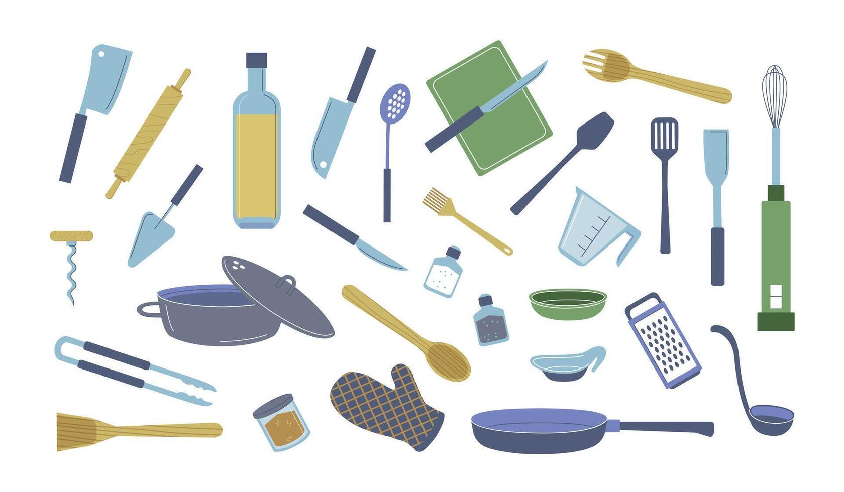 utensili da cucina impostare. cucina utensili e attrezzatura, cartone animato cucinando apparecchio e utensili. vettore pentolame isolato collezione