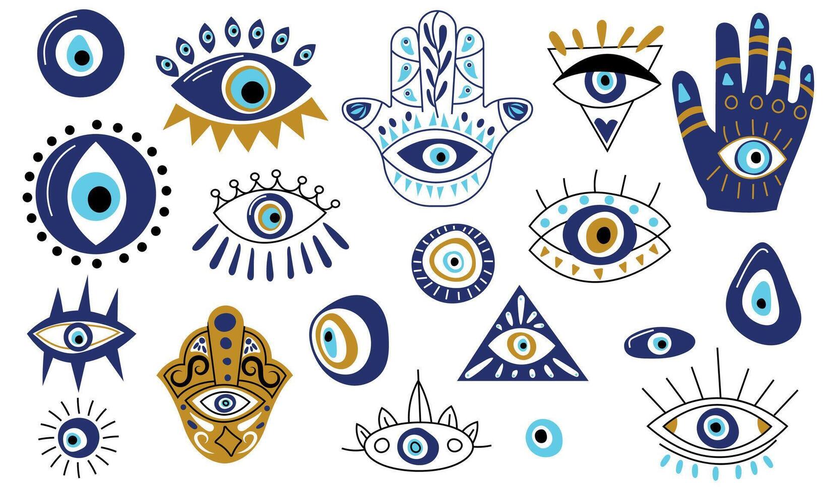 Turco occhio collezione. astratto cartone animato blu il male occhio hamsa Magia icone, fantasia esoterico talismano protezione. vettore contemporaneo impostato