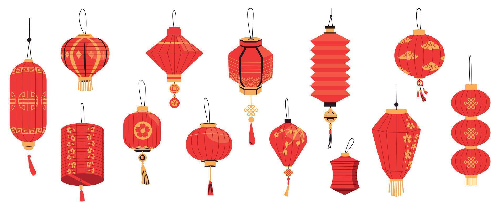 asiatico lanterna. Cinese giapponese coreano Festival luci, orientale carta lampade per tradizionale chinatown vacanza celebrazione cartone animato piatto stile. vettore isolato impostato
