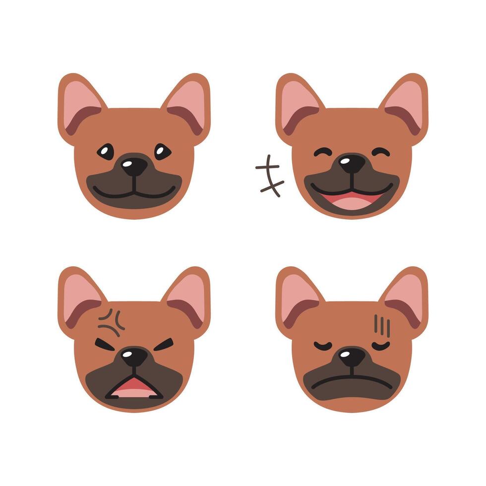 impostato di carino personaggio Marrone francese bulldog facce mostrando diverso emozioni vettore