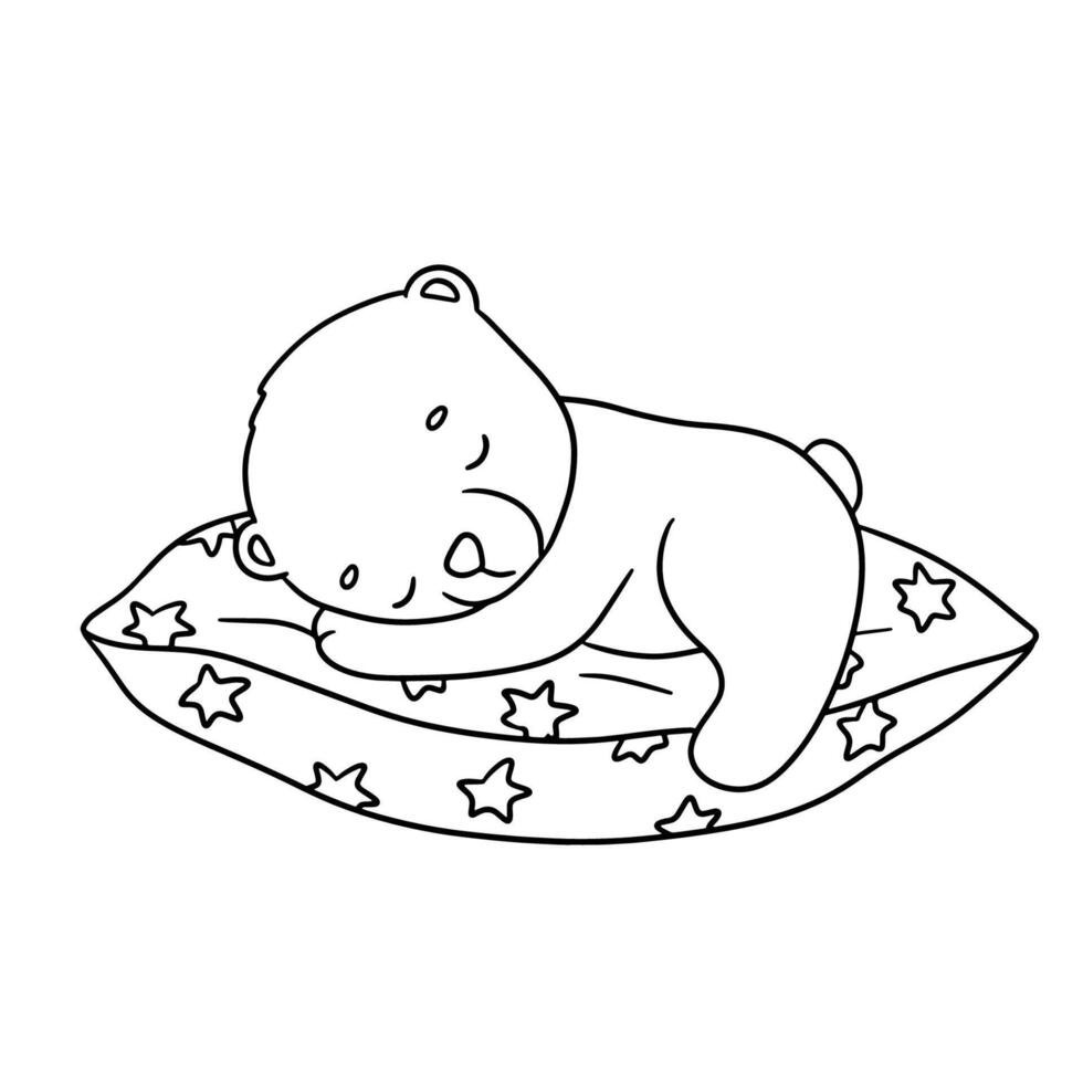 carino sognare orso su cuscino. cartone animato mano disegnato vettore schema illustrazione per colorazione libro. linea bambino animale isolato su bianca