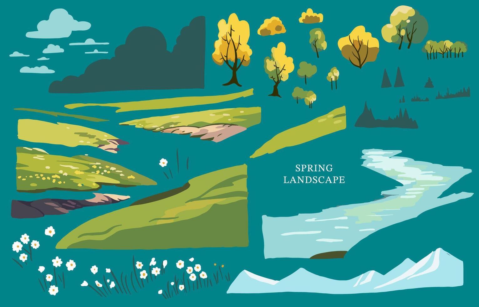 primavera paesaggio elemento impostato con montagna e albero modificabile vettore illustrazione per grafico design