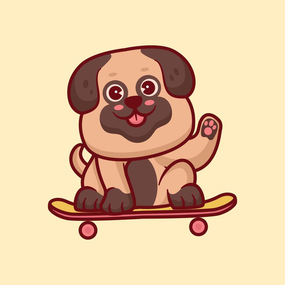 carino bulldog cuccioli giocando skateboard cartone animato animale illustrazione vettore