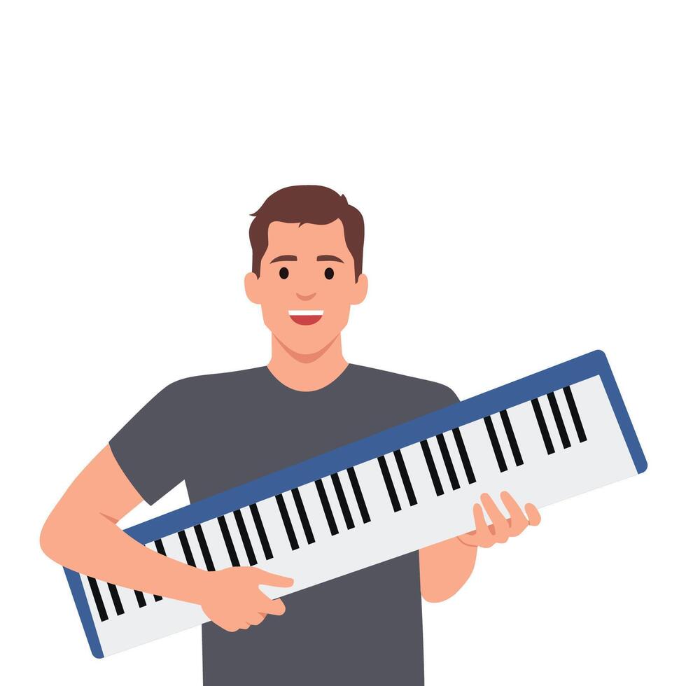 giovane uomo Tenere pianoforte tastiera del computer. vettore