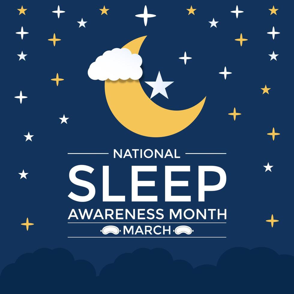 nazionale dormire consapevolezza mese osservato ogni anno di marzo. notte modalità guardare Luna leggero e in giro stella bandiera manifesto, aviatore e striscione, sfondo design. vettore