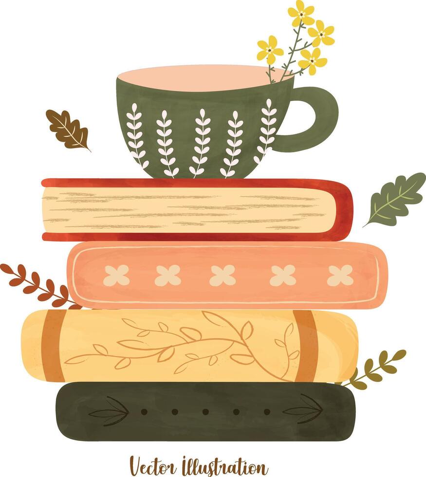 primavera caffè tazza su pila di Vintage ▾ libri acquerello elemento per invito saluto festa compleanno celebrazione carta mano disegnato vettore illustrazione