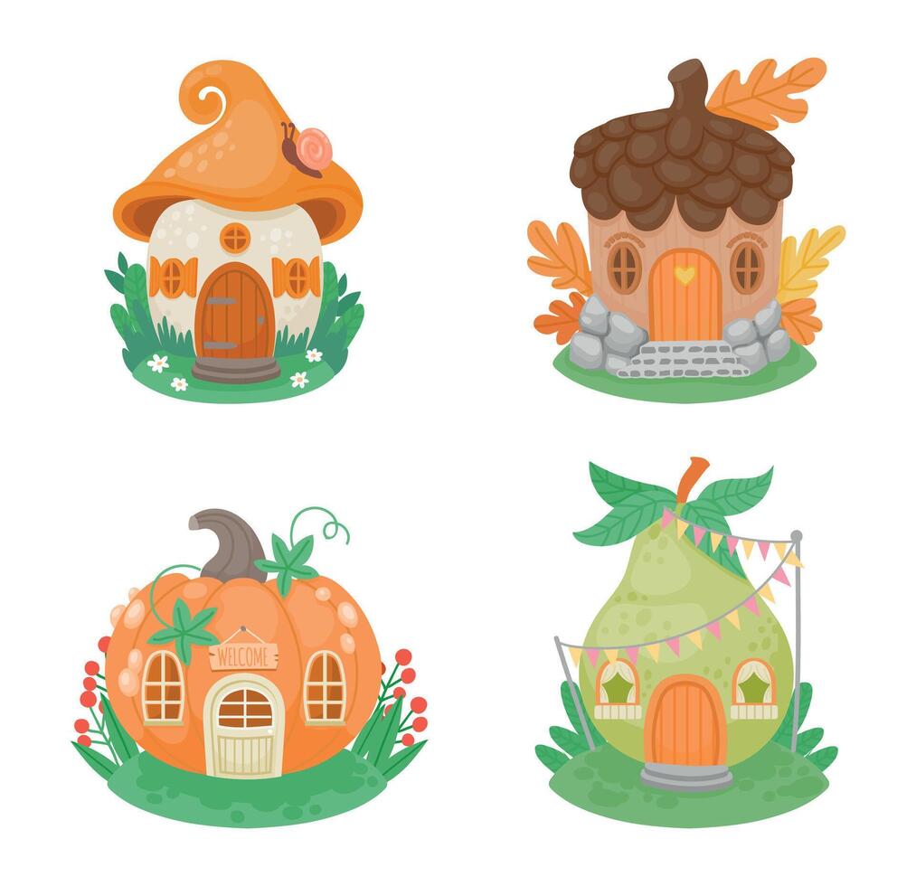 cartone animato poco fantasia case. carino piccolo gnomo edifici nel forma di fungo, zucca, Pera e ghianda su verde prato vettore