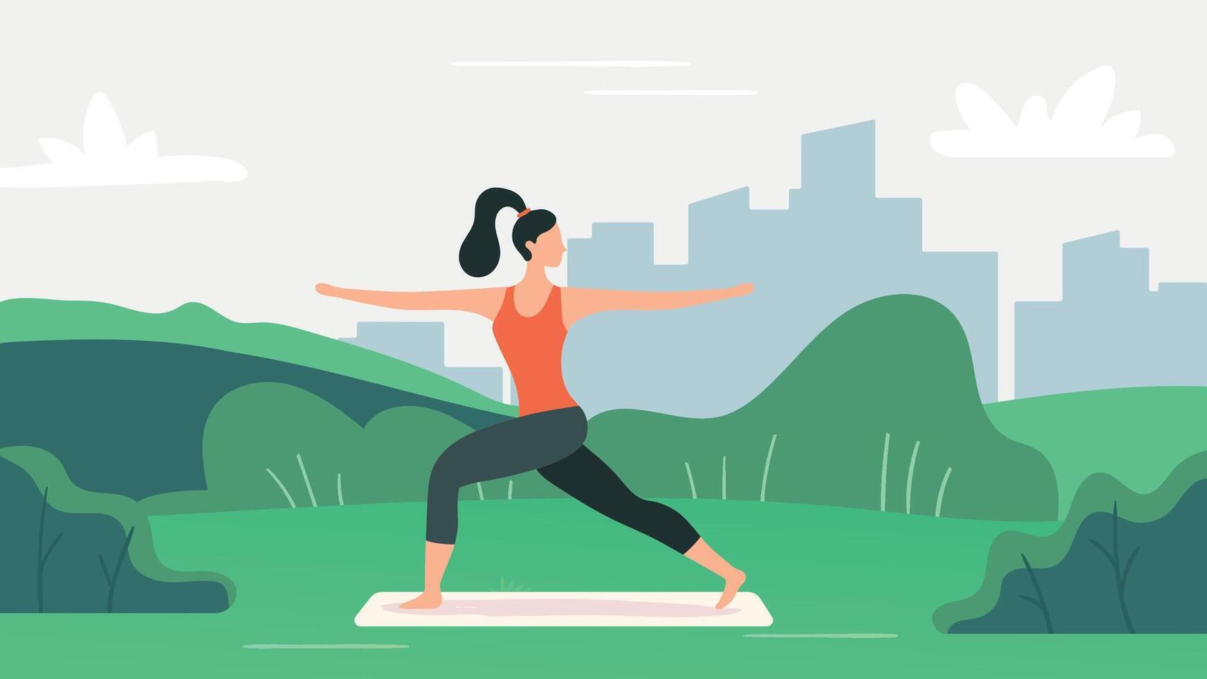 yoga esercizio su natura. donna fare sport all'aperto su stuoia. giovane femmina personaggio praticante yoga pose su verde prato vettore