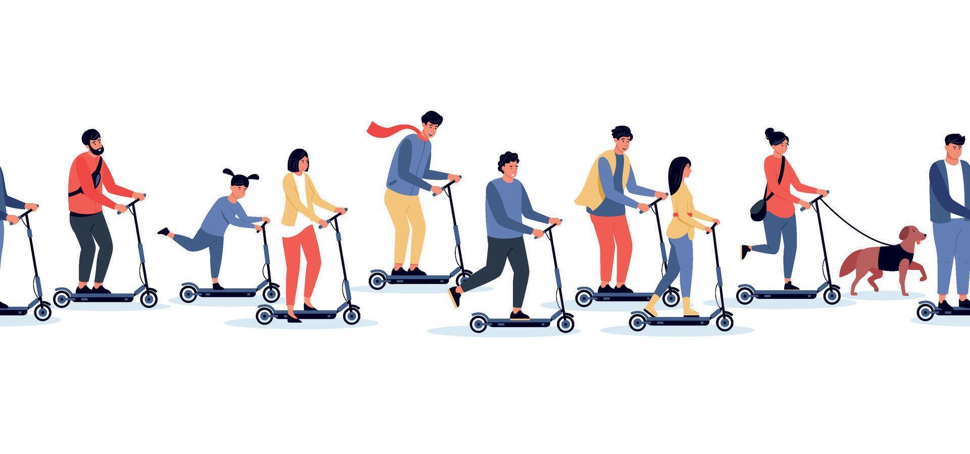 persone su scooter modello. senza soluzione di continuità orizzontale Stampa con personaggi equitazione elettrico scooter, moderno urbano veicolo concetto. vettore struttura