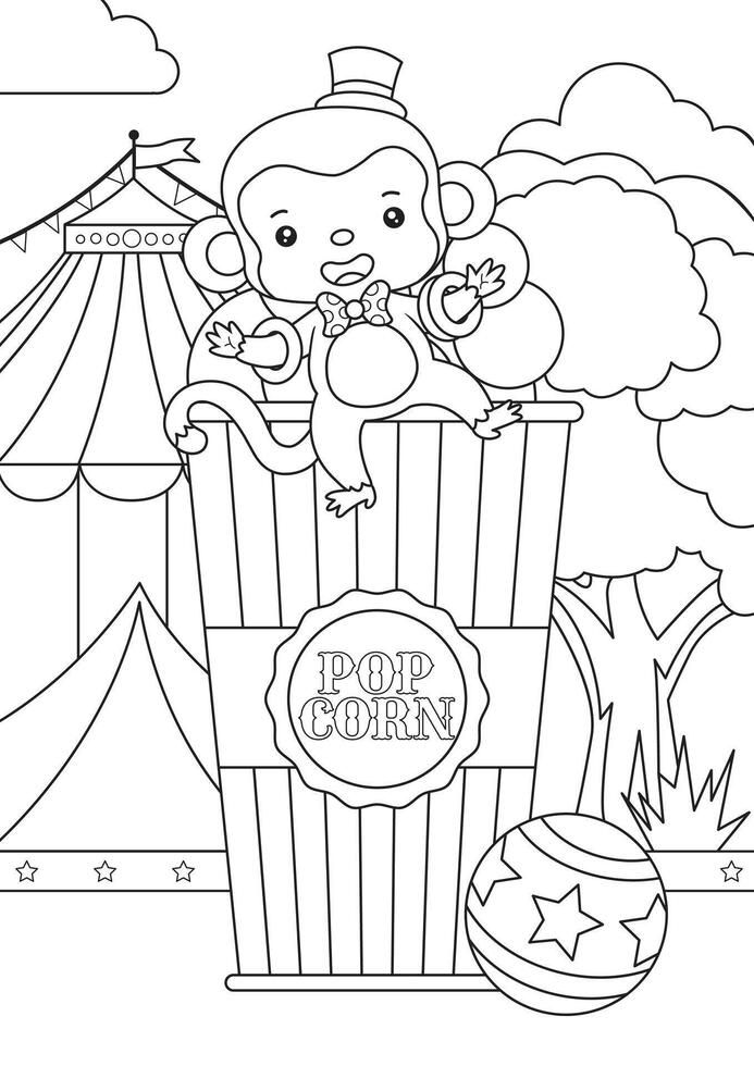 colorazione pagina schema di carino circo scimmia seduta su Popcorn con circo tenda su il sfondo vettore