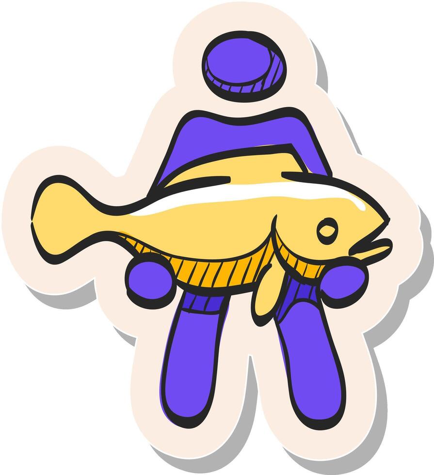 mano disegnato uomo Tenere pesce icona nel etichetta stile vettore illustrazione