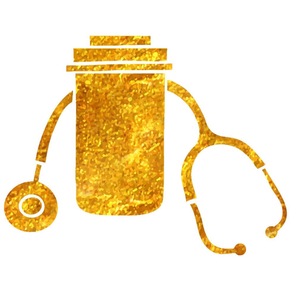 mano disegnato pillole bottiglia stetoscopio icona nel oro Foglio struttura vettore illustrazione