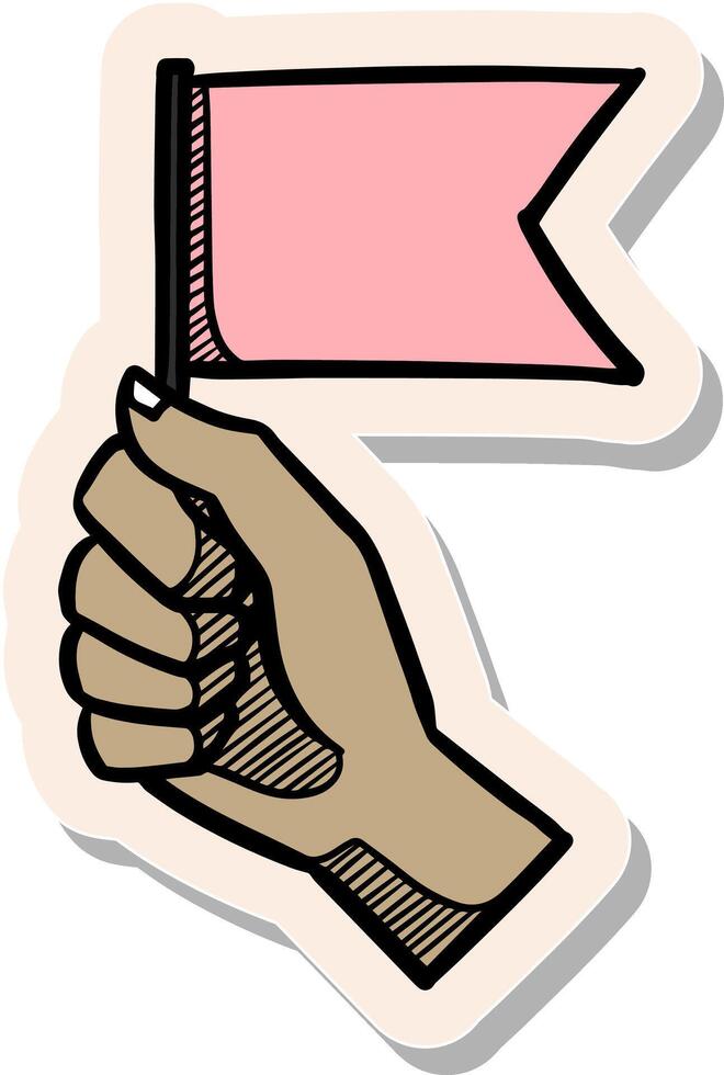 mano disegnato mano Tenere piccolo bandiera con copia spazio nel etichetta stile vettore illustrazione