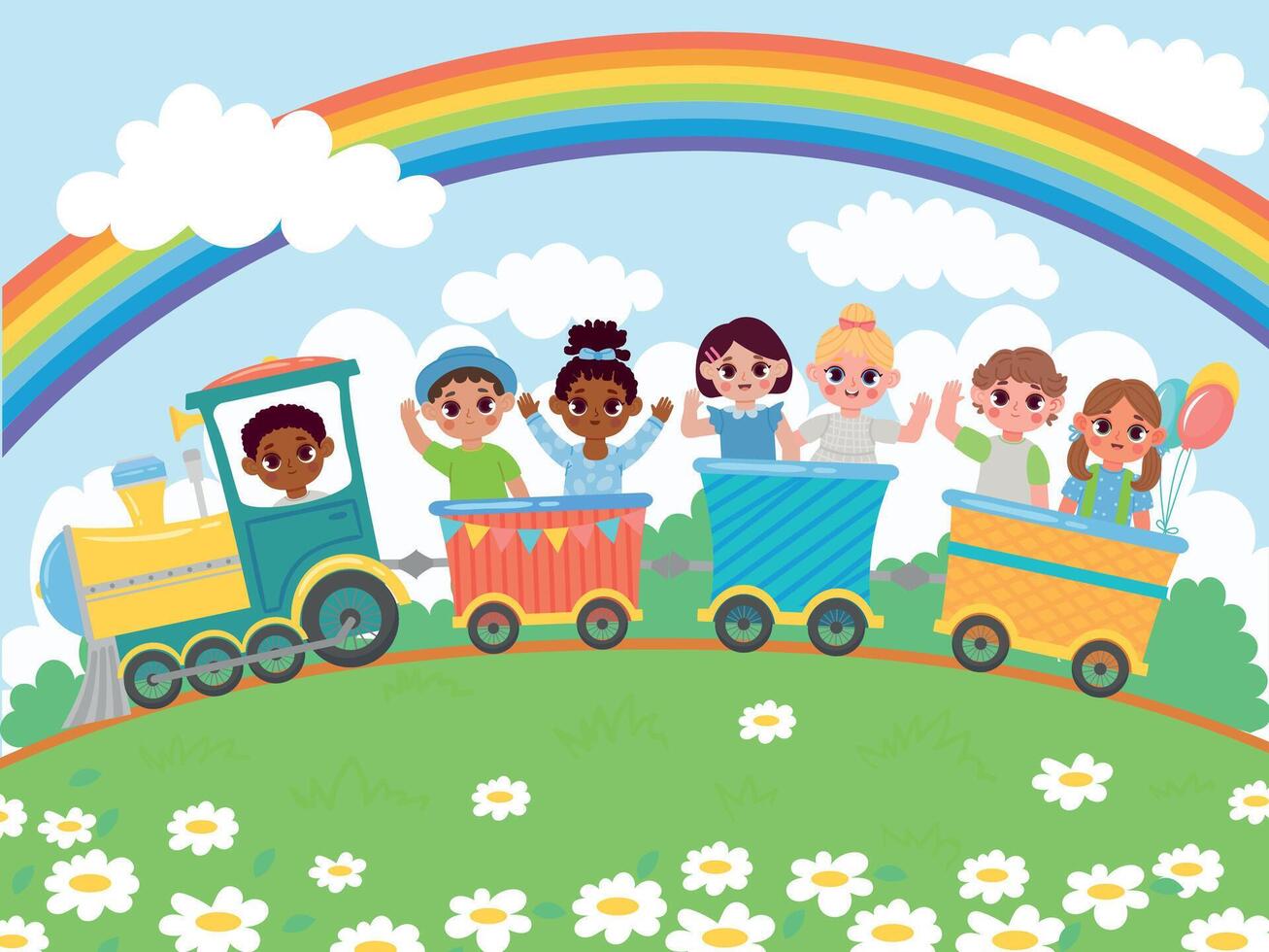 cartone animato scuola materna contento bambini cavalcata su giocattolo treno. contento bambini seduta nel carrozze sotto arcobaleno nel cielo vettore