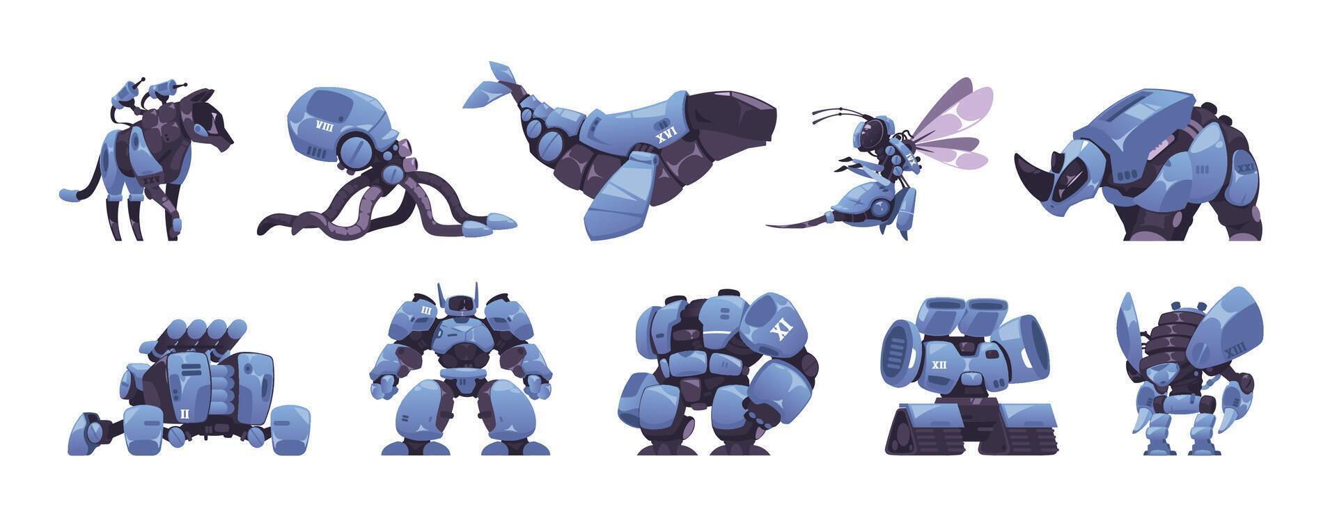 cyborg animali. futuristico meccanico robot personaggi, cartone animato punk robotica zoo macchine con meccanico corpo, ai elettronico concetto. vettore piatto impostato