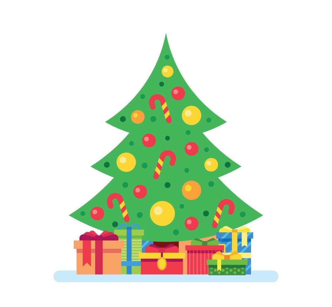 Natale albero e regalo scatole. abete albero decorato con giocattolo palle e caramella canne per natale celebrazione vettore