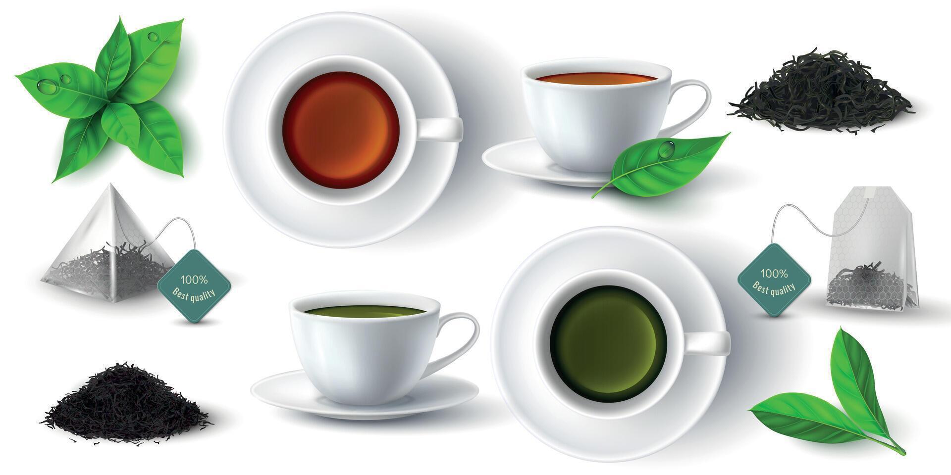 realistico 3d tazza con verde e nero Tè, le foglie e piramide bustina di tè. tazze con caldo bevanda lato e superiore Visualizza. asciutto erbaceo tè emorroidi vettore impostato