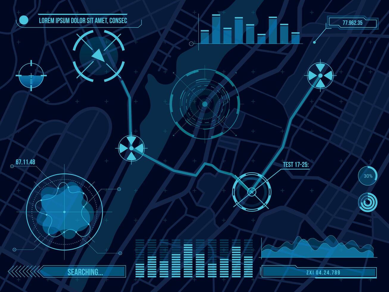 hud navigazione carta geografica informatica design con obiettivi, diagrammi e grafici. futuristico ui per città strade tabella di marcia GPS orientamento App vettore modello