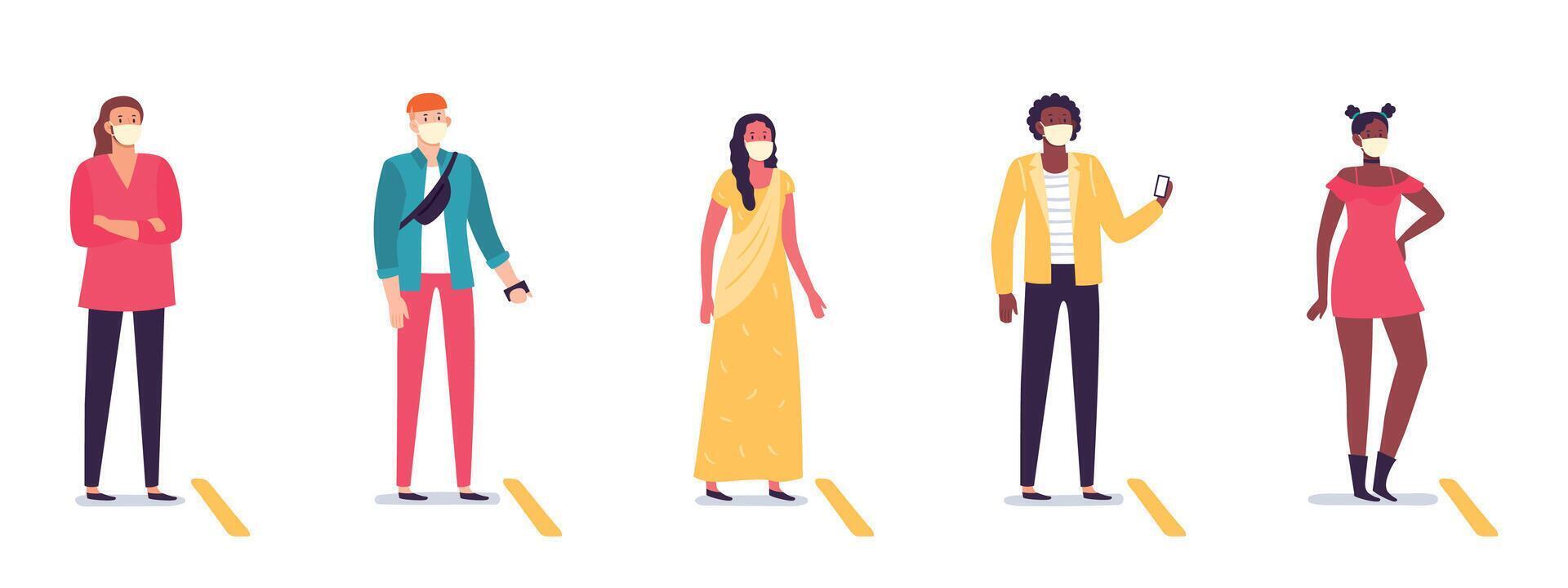 persone nel linea conservazione sociale distanza. diverso uomo e donna in piedi nel coda con distanziamento. coronavirus vettore