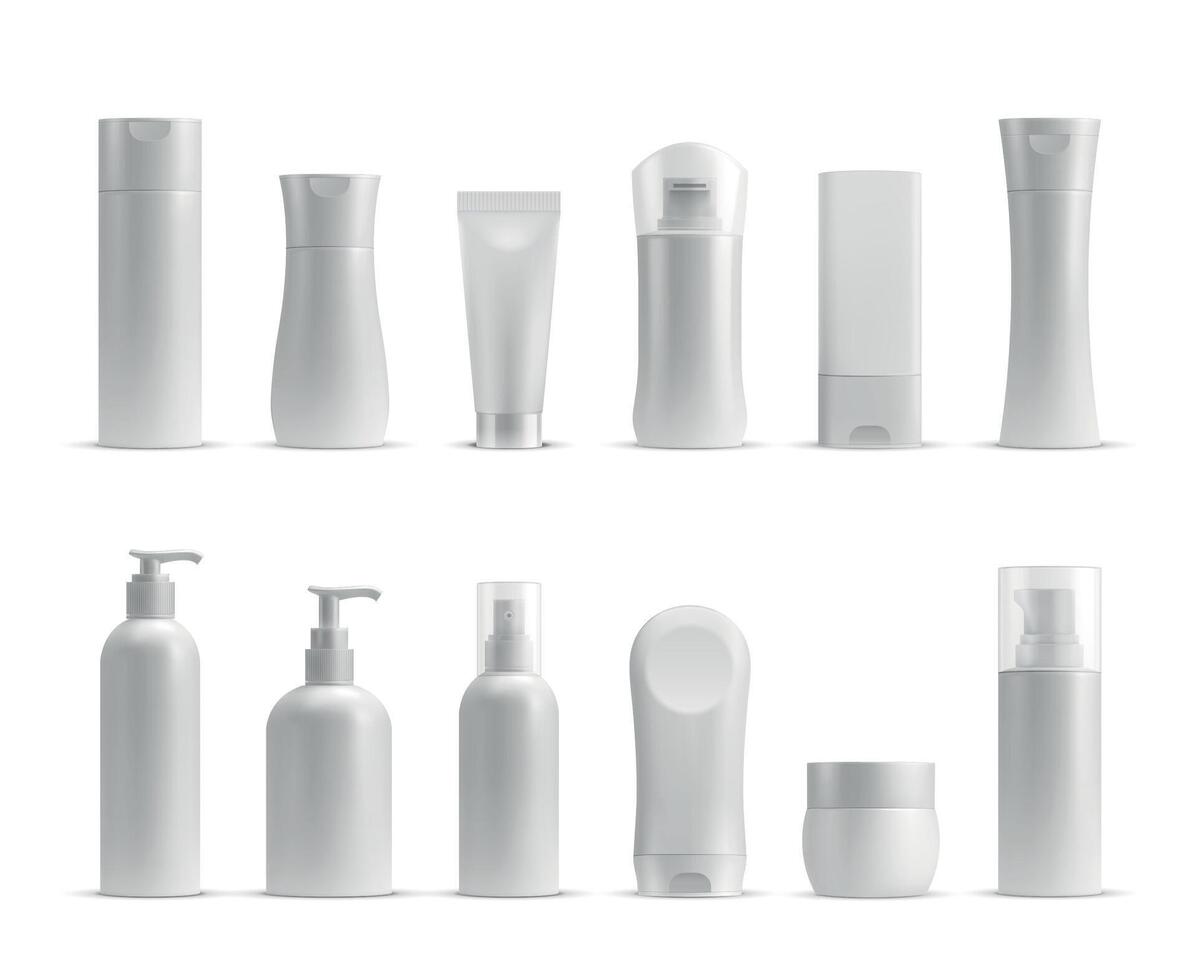 realistico cosmetico bottiglie, crema vaso e tubo prototipi. shampoo, lozione, pelle cura, bellezza e igiene Prodotto plastica pacchi vettore impostato