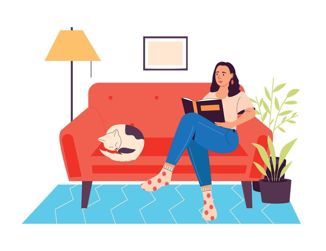 donna leggere libri seduta su divano con gatto vettore