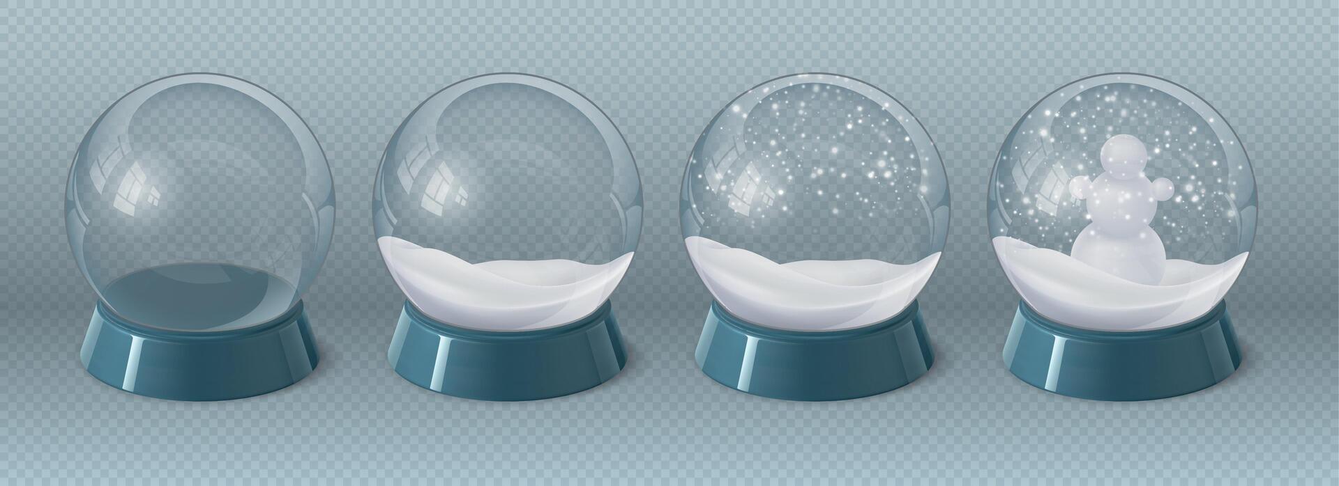 realistico Magia bicchiere globo vuoto, con neve e pupazzo di neve. Natale cristallo snowglobe con inverno arredamento. souvenir con nevicata vettore impostato