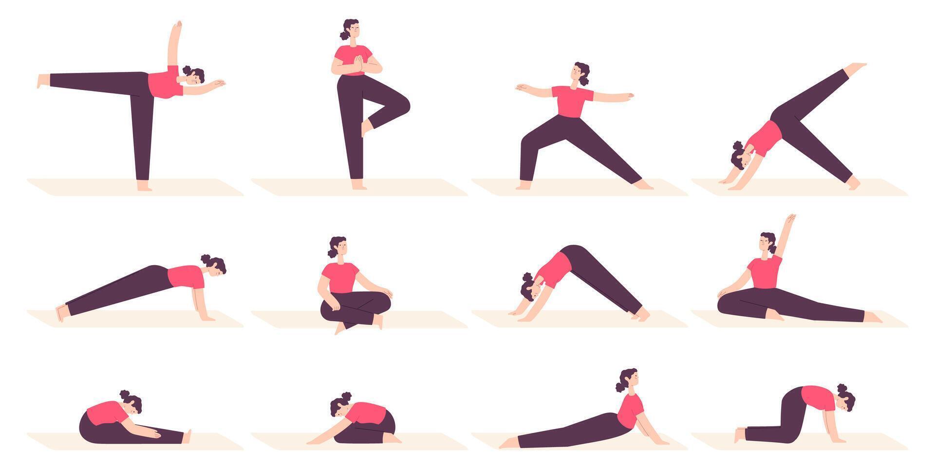 donna nel yoga pose. femmina cartone animato personaggio fare fitness allungare esercizi, pilates e rilassare nel asana posizione. Salute stile di vita vettore impostato
