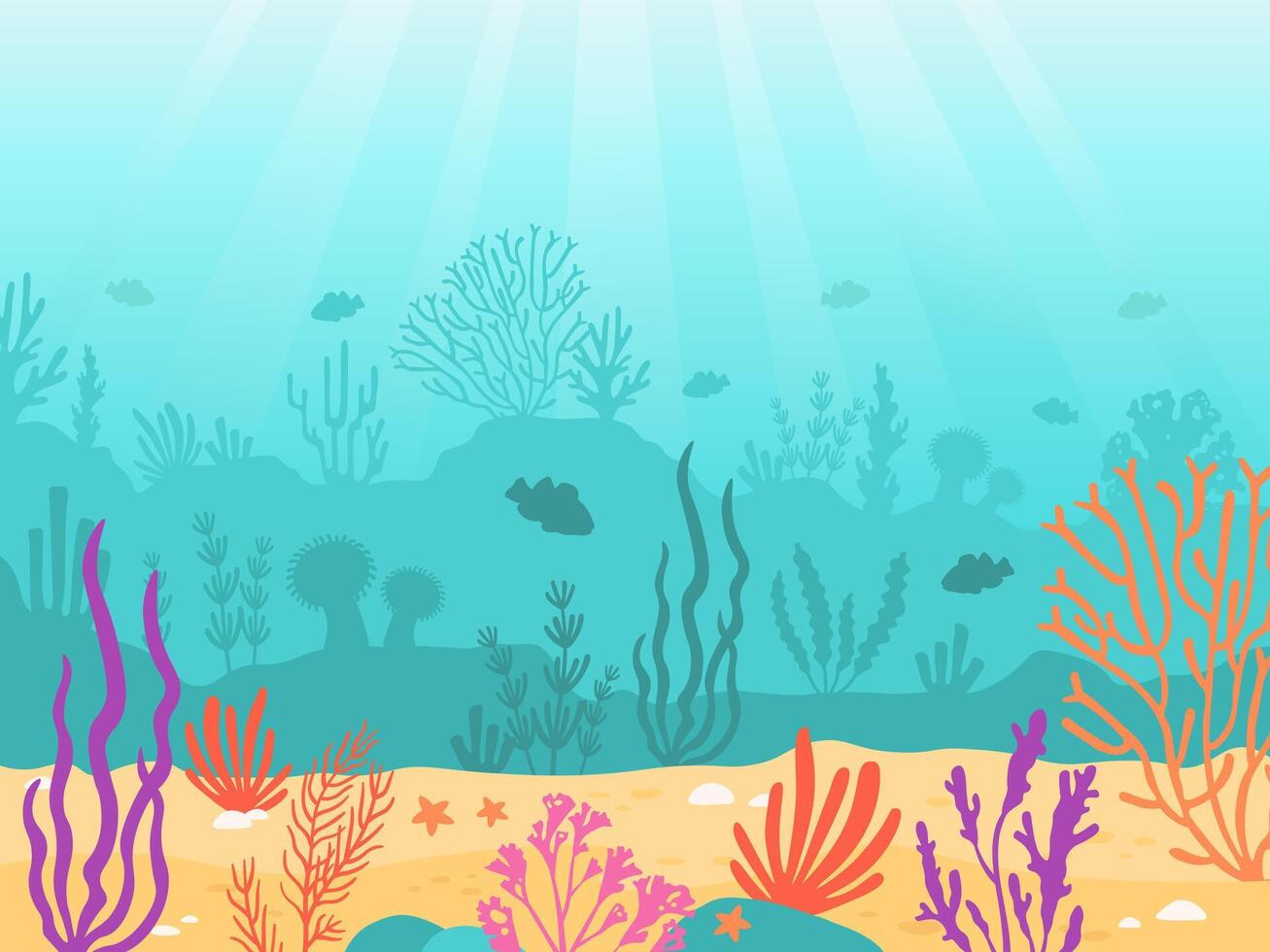 subacqueo sfondo. cartone animato paesaggio marino con corallo scogliera, sabbia, alga marina e pesce. oceano parte inferiore scena, in profondità sottomarino marino vettore paesaggio