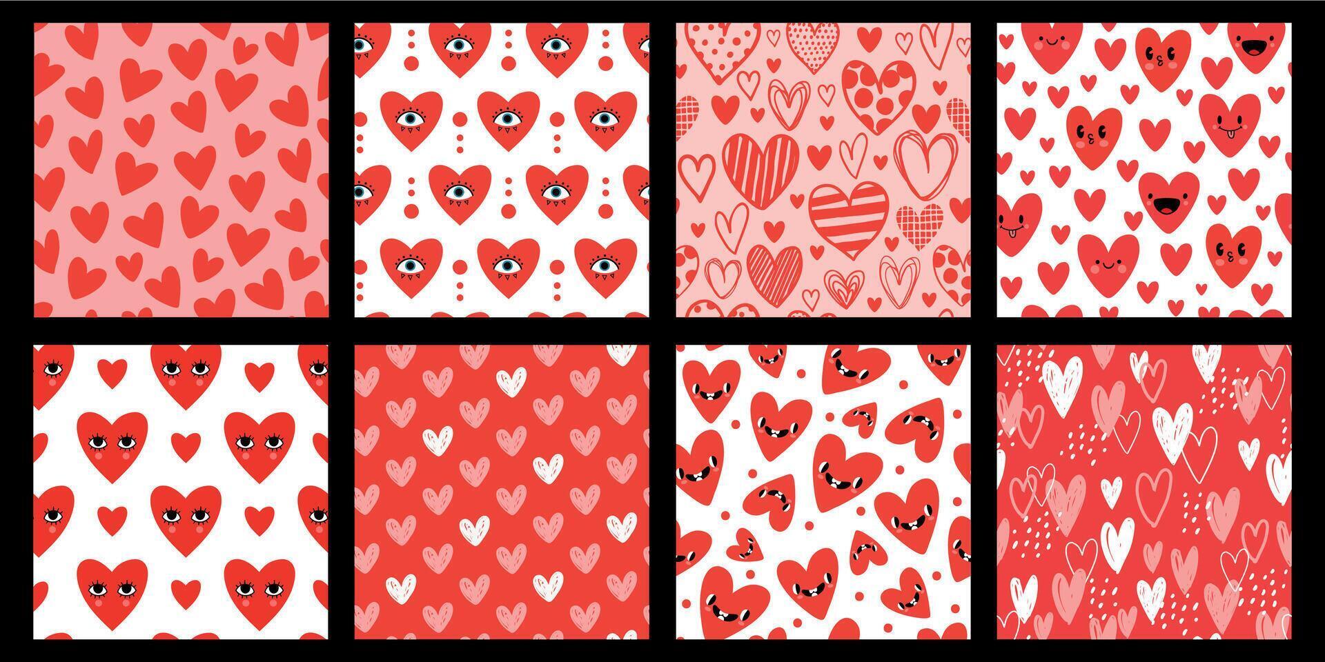 schizzo e cartone animato cuori con facce, San Valentino giorno senza soluzione di continuità modelli. carino astratto romantico amore simbolo stampe. cuore textures vettore impostato