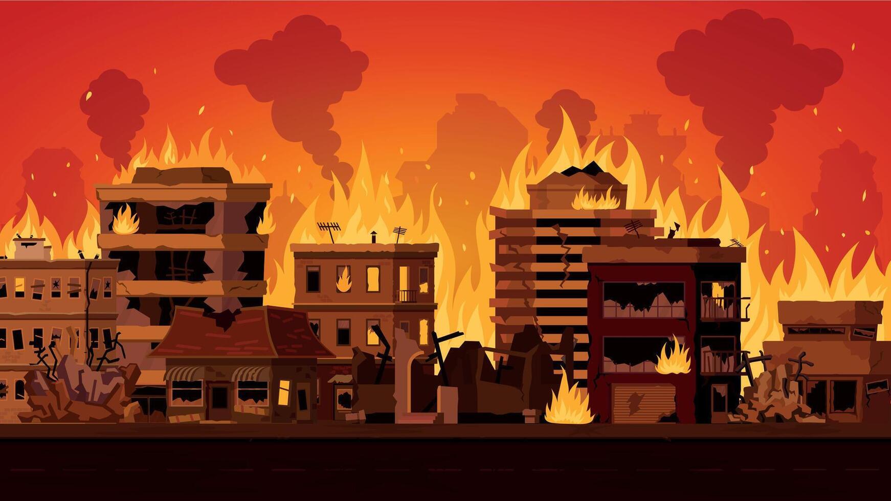 cartone animato apocalittico città paesaggio con distrutto edificio su fuoco. paesaggio urbano con bruciare strada case e Fumo. fuoco nel cittadina vettore concetto