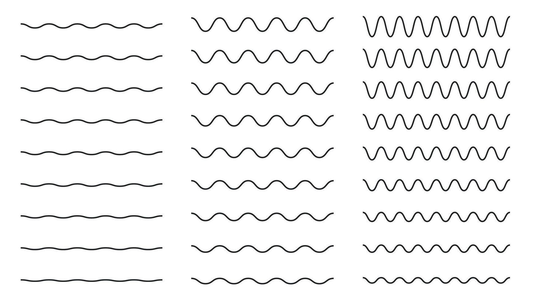 linea orizzontale acqua onda. ondulato sinusoidale schema orizzontale divisore, ondulato liscio ondulazione strisce, dritto e curvo linea. vettore isolato impostato