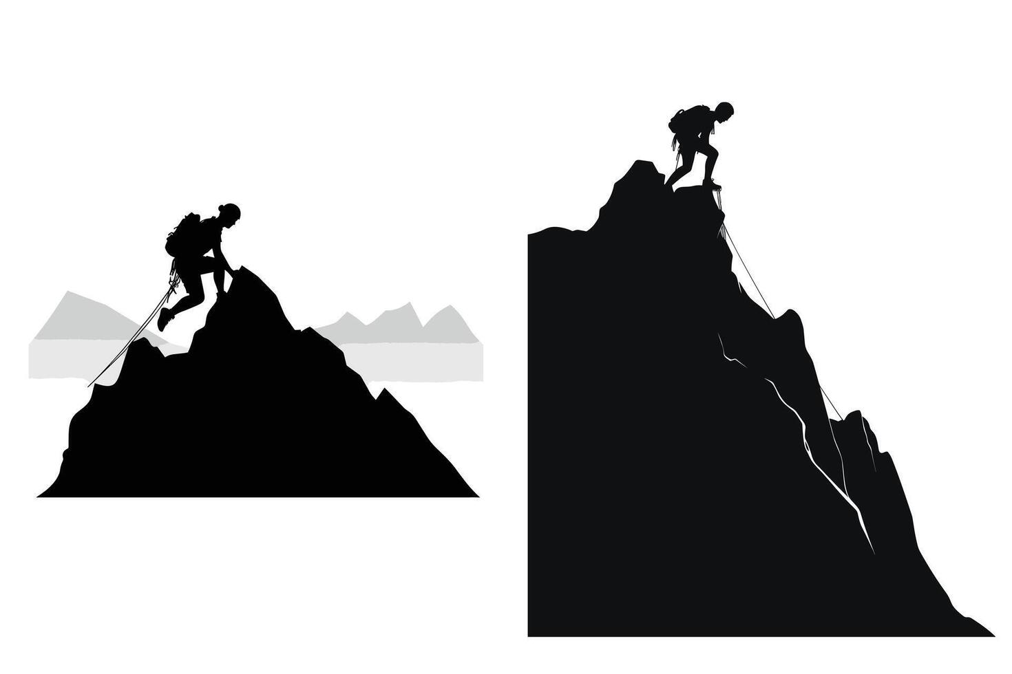 escursioni a piedi uomo arrampicata silhouette silhouette di un' uomo escursioni a piedi su montagna, escursioni a piedi arrampicata silhouette vettore