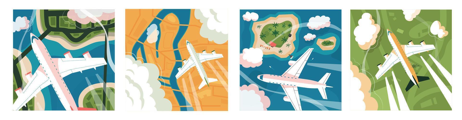 aereo aereo Visualizza. estate paesaggio con volante aria trasporto, superiore Visualizza di blu cielo con volante aereo e nuvole, turismo e vacanza concetto. vettore illustrazione