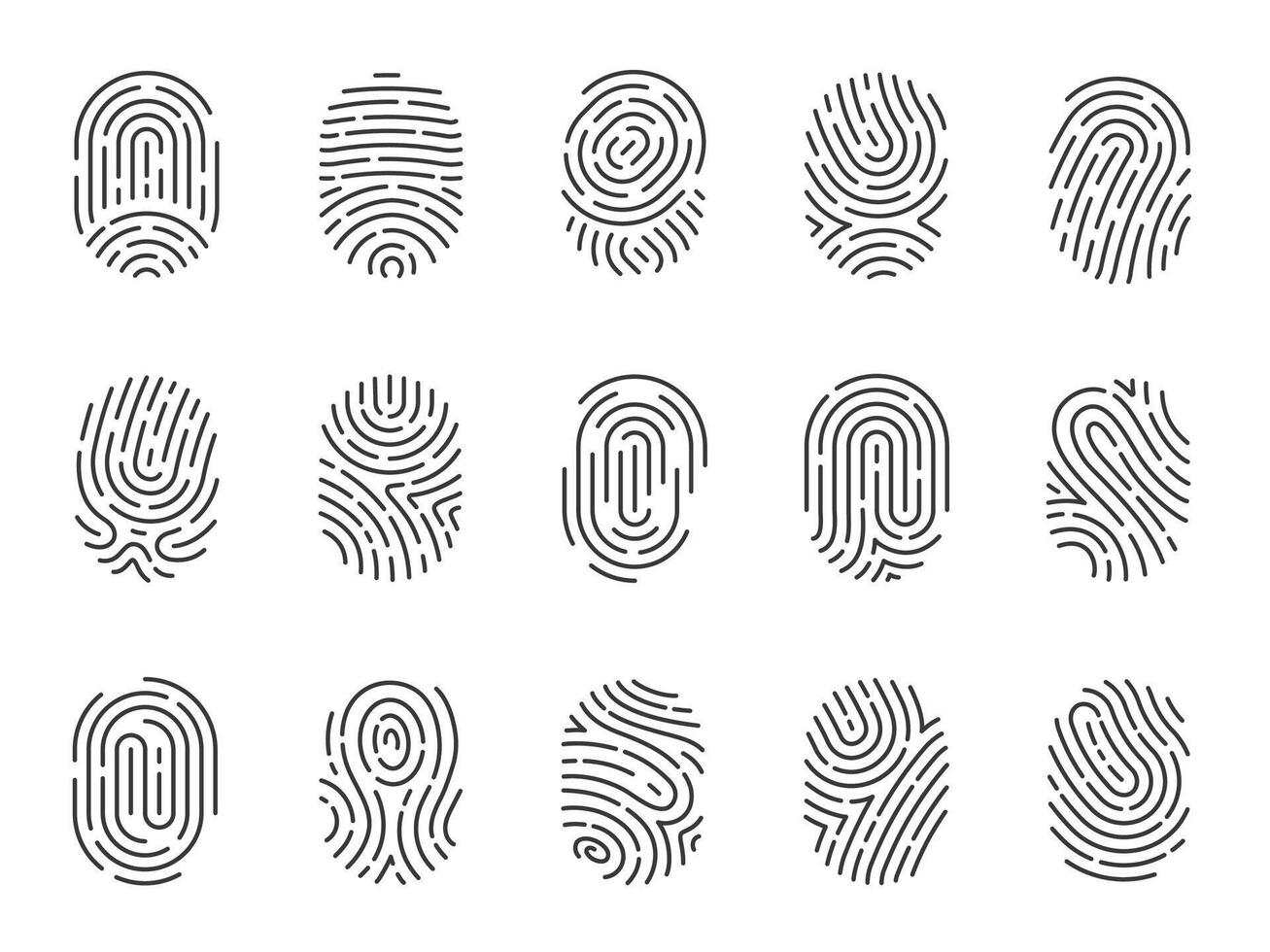 impronta digitale icone. umano identificazione personale e dito Stampa icone per sicurezza e indagine, biometrico id protezione e privacy. vettore piatto collezione