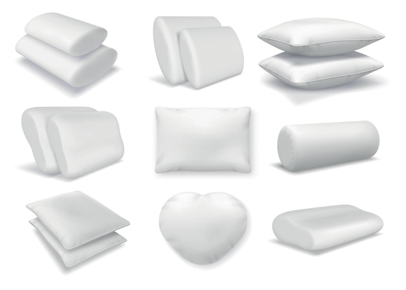realistico bianca cotone ortopedico cuscini, piazza e il giro cuscini. 3d piuma soffice cuscino e sostenere modello per letto o divano vettore impostato