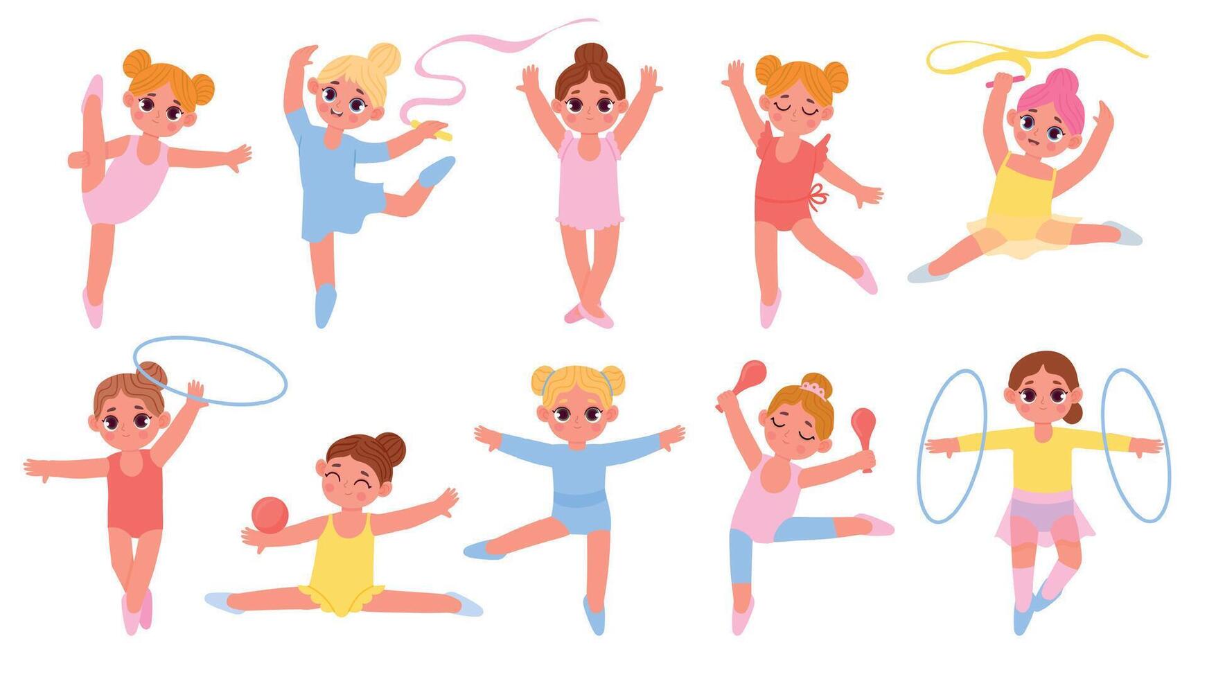 cartone animato poco ginnasta ragazze con nastri, palla e cerchio. bambini ginnastica classe concorrenza. Palestra sport e acrobazie esercizi vettore impostato