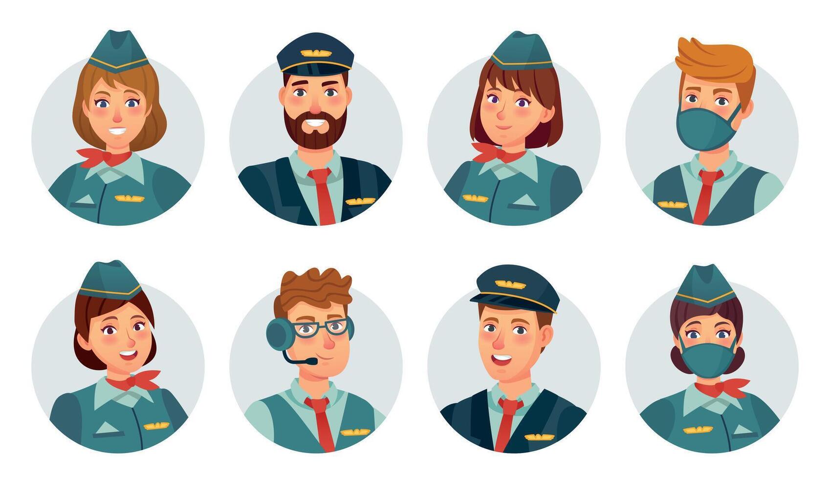 aria equipaggio avatar. linea aerea pilota, nave Capitano, hostess, volante assistente e volo ingegnere il giro icona. aeroporto personale nel maschera vettore impostato