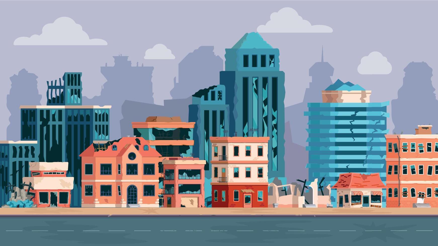 cartone animato città con rovinato edifici dopo terremoto, disastro o guerra. abbandonato danneggiato strada e rotto strada. apocalittico vettore concetto