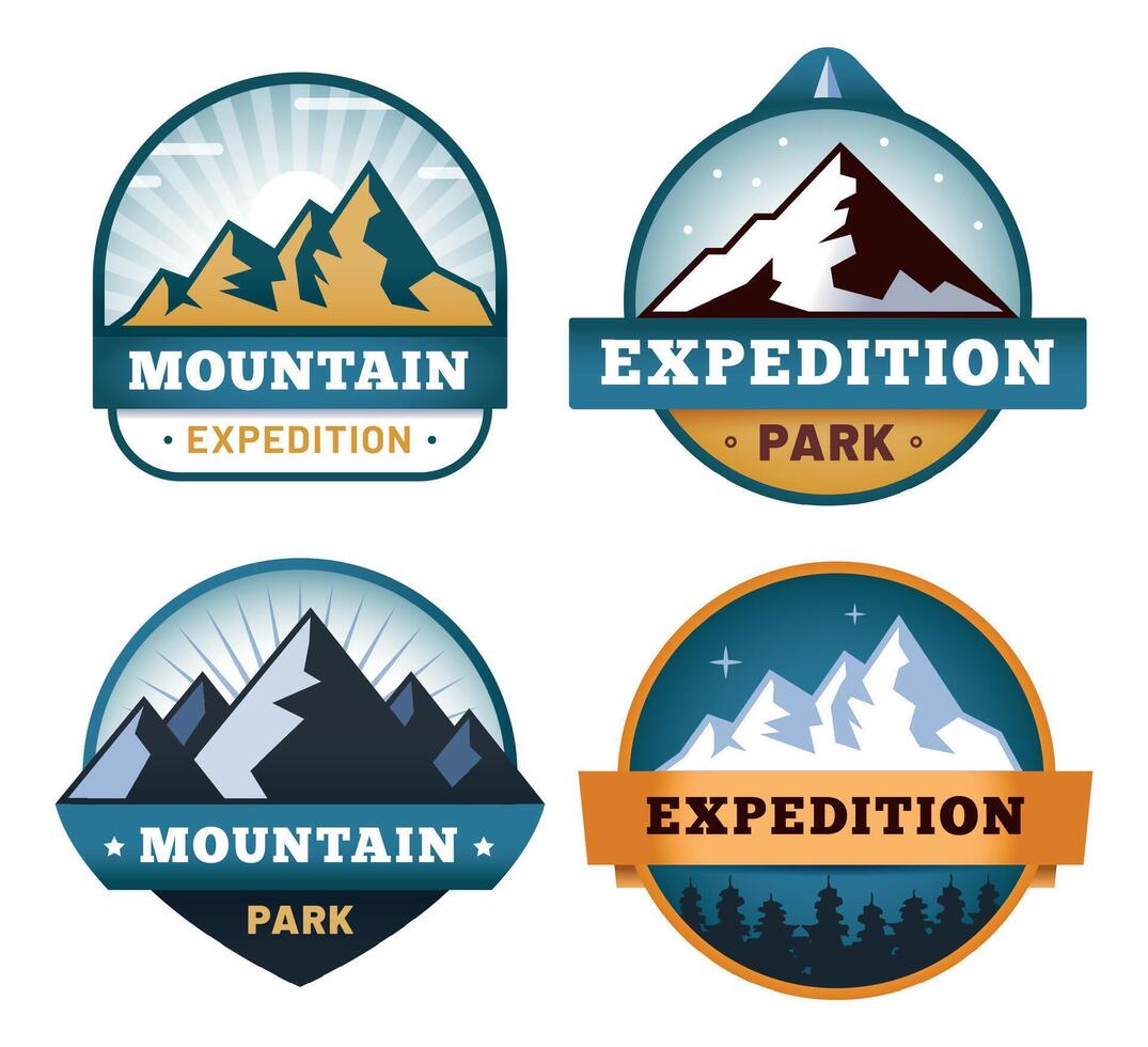 montagna etichette collezione, spedizione parco e esplorazione vettore