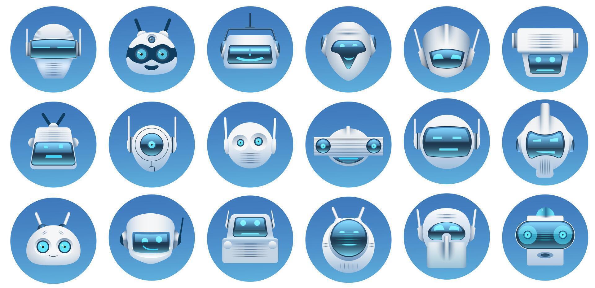 robot testa avatar. cartone animato virtuale assistente, Chiacchierare Bot facce, robot logo, emoji e mascotte. futuristico androide personaggio icone vettore impostato