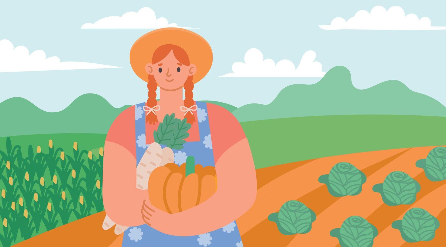 biologico azienda agricola prodotti. allegro cartone animato donna Tenere fresco cresciuto verdure come zucca e pastinaca. cartone animato adolescenziale personaggio vettore