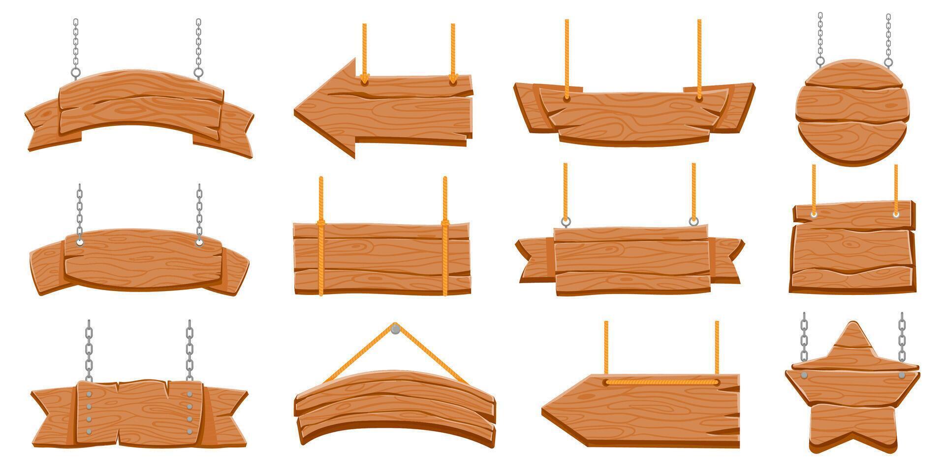 legna insegne sospeso su corda. di legno vuoto banner e freccia segni. il giro e stella sagomato tavola su catena. vecchio rustico cartello vettore impostato