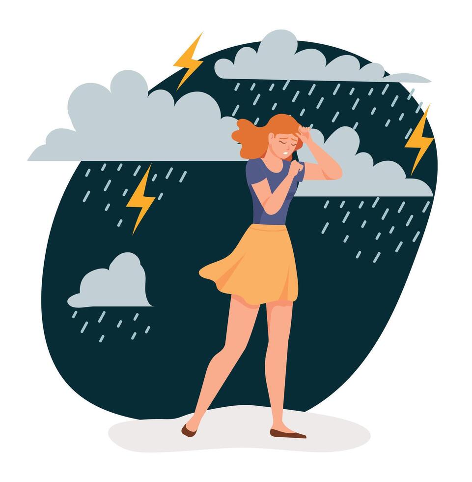 depresso donna. triste solitario ragazza a piedi sotto tempestoso pioggia con nuvole e fulmine. femmina personaggio sensazione ansia vettore