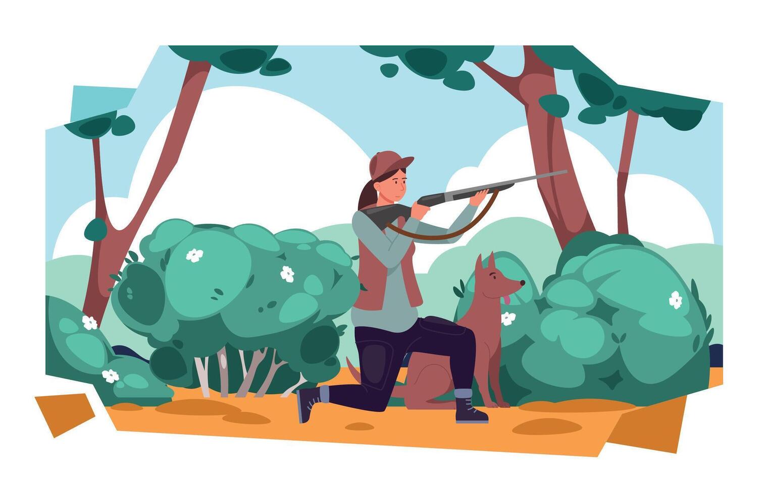 cacciatore carattere. cartone animato femmina con a caccia cane puntamento arma vettore