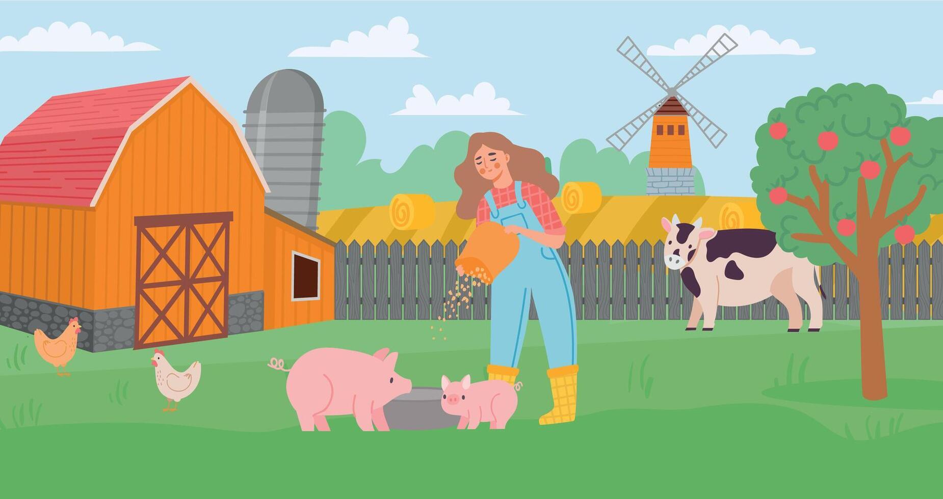 azienda agricola vita. giovane femmina donna alimentazione maiale, prato con mucca e pollame. animale allevamento e allevamento vettore